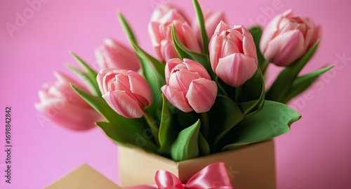 Bouquet of Lovely Pink Tulips is Presented in a Box With a Pink Ribbon Tied t...