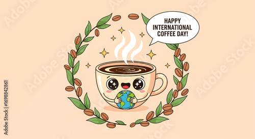 Adorable kawaii coffee cup celebration international coffee day with cute design