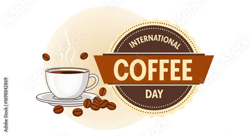 International coffee day celebration with rich coffee cup and beans