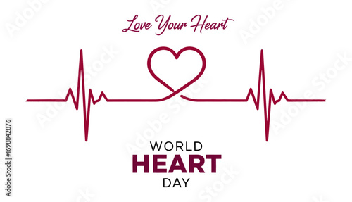 World heart day graphic with a stylized heartbeat line and a heart shape promoting cardiac health awareness