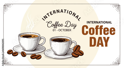 Celebrate international coffee day with two cups and beans greeting card design
