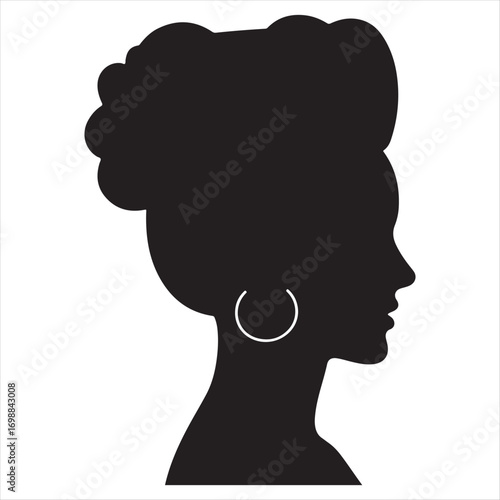 Elegant silhouette of a Black woman's profile with a natural hair updo and a large hoop earring. Minimalist vector graphic illustration
