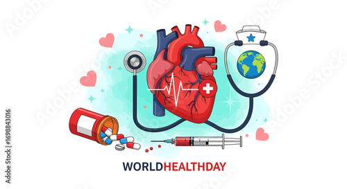 Heart health awareness campaign with stethoscope and globe promoting global wellbeing
