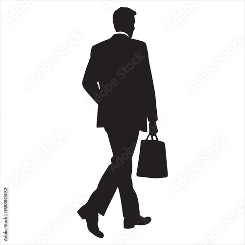 The silhouette of a walking businessman with a briefcase represents the corporate world and professional ambition