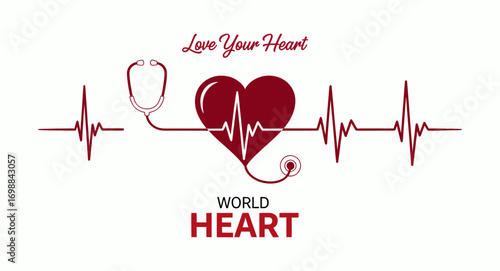 World heart day concept with healthy heart ekg and stethoscope for awareness
