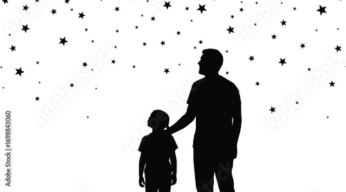 Father and Child Silhouette Looking Up at Starry Night Sky, Family Bonding, Parenting Love, Outdoor Peaceful Moment, Dream and Hope