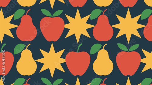 Fun seamless pattern with apples, pears, and stars evokes joyful, festive, warm designs and vibrant projects