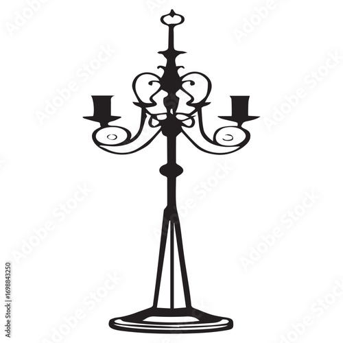 Set of black isolated vintage lampposts, antique street lights, and candle stands with a cross symbol