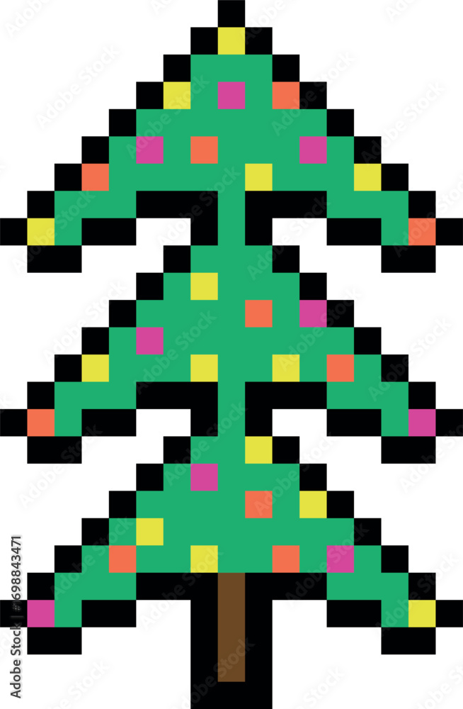 Fototapeta premium Pixel Christmas tree with multicolored lights. Elegant tree, 8 bit. Isolated vector illustration on transparent background.