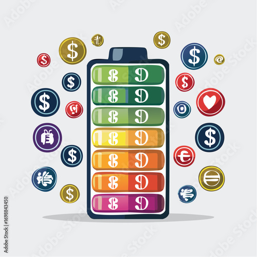 Charging concept: Battery displaying financial concepts and digital currency symbols illustration