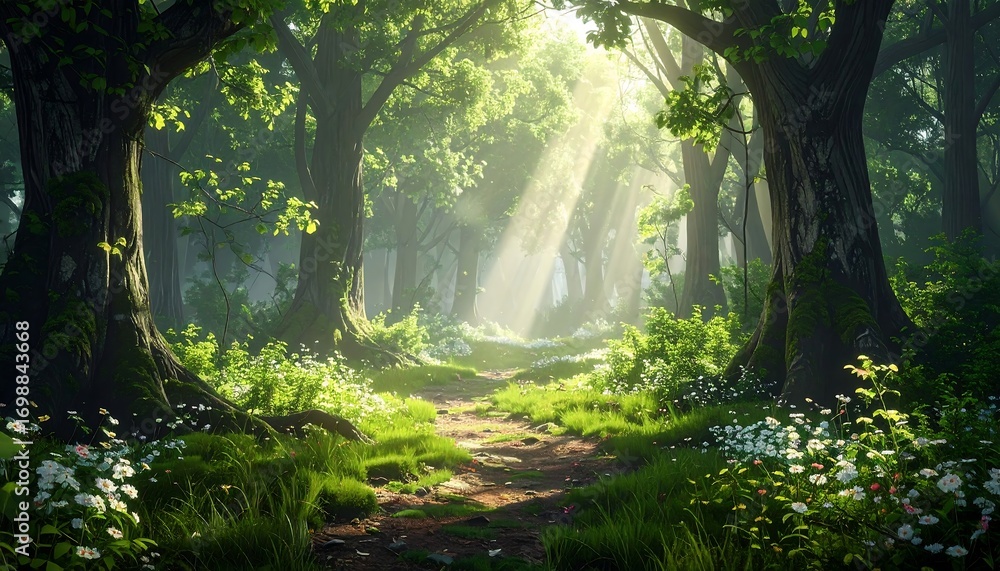 Obraz premium Sunlight path through a lush forest