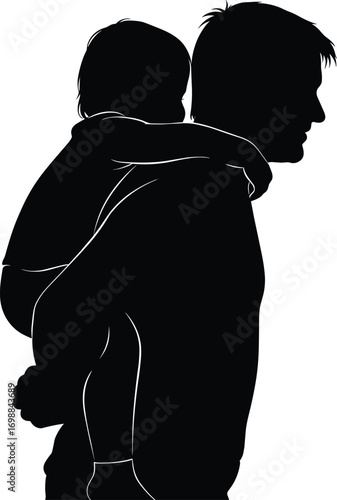 Heartwarming silhouette of loving father carrying child on back, symbolizing strong family bond, parent support, care, love, and protection forever