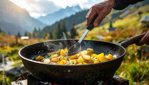 Cooking potatoes outdoors pan on fire, mountains backdrop, stirring hands, bright sun