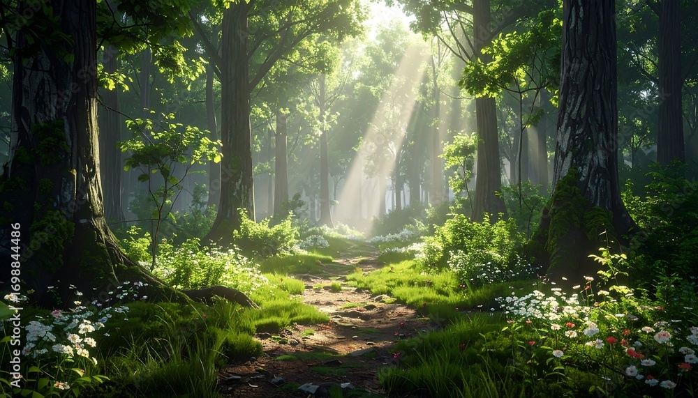 Obraz premium Sunlight path through a lush forest (4)