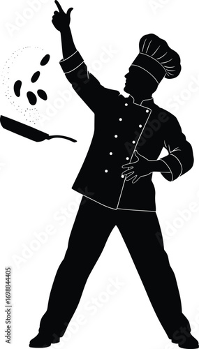 Male chef tossing food in frying pan, professional cook in chef uniform preparing meal, culinary skills, kitchen action vector silhouette.