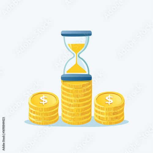 Conceptual representation of investment growth over time with gold coins and hourglass illustration