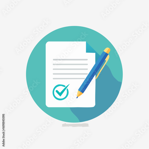 Document Completion Icon: A Blue Pen and Checklist Signifying Approval and Agreement