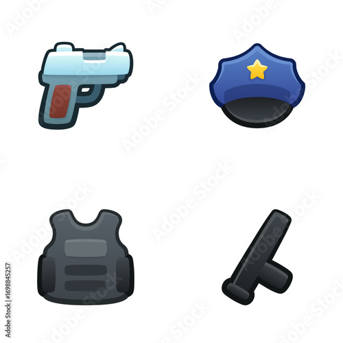 Police icon set. Isolated vector illustration of mobile game sprites. Design for stickers, logo, mobile app. Arcade or match 3 2d graphics game asset. Flat 3d item sprites sheet.