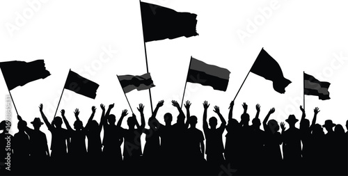 Silhouette crowd of people waving flags, cheering hands raised, political rally, protest, activism, unity, demonstration, public gathering vector illustration.