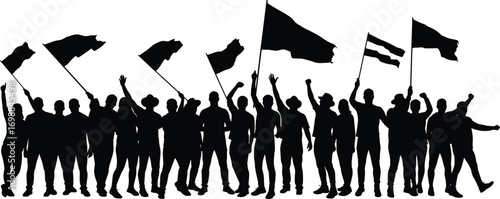 Silhouette group of people waving flags, protesting with raised fists, united crowd, activism, demonstration, political rally, social movement, public gathering vector.