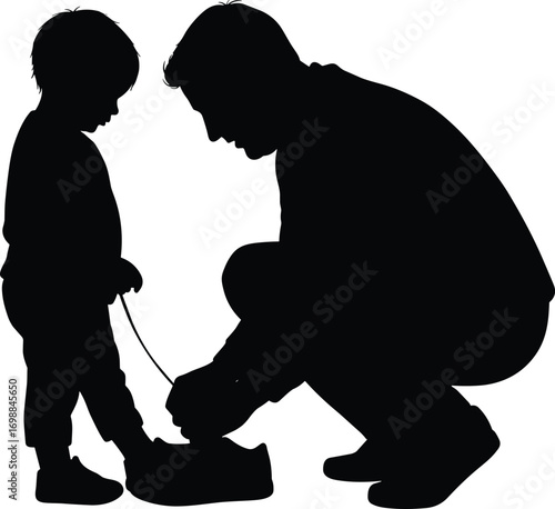 Silhouette illustration of caring father kneeling and tying child’s shoe, parenting moment, family love, nurturing dad, child care, fatherhood bond.