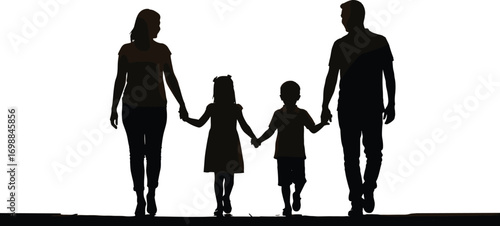 Silhouette of a happy family walking holding hands together, mother, father, son, and daughter, symbolizing love, unity, and togetherness.