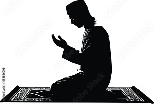 Silhouette of a Muslim man praying on a prayer rug in Islamic attire with hands raised in a peaceful devotional act.