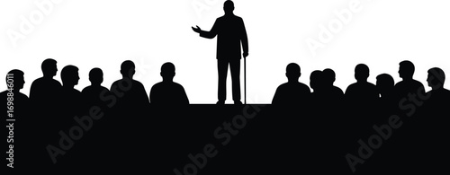 Silhouette of a speaker addressing audience in conference hall or seminar room, business presentation or leadership meeting vector illustration.