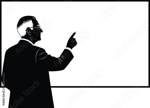 Silhouette of businessman or teacher in suit pointing at whiteboard for presentation, training, coaching or business meeting illustration