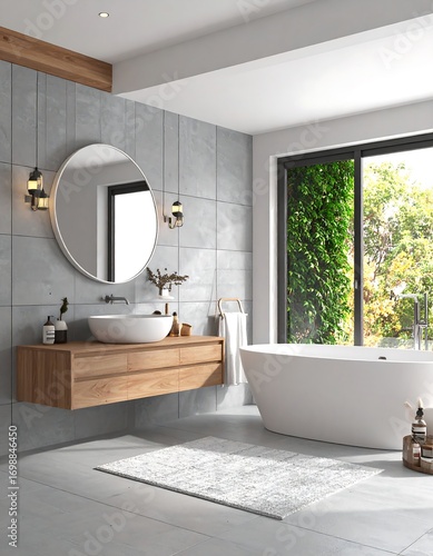 Modern bathroom with large round mirror, wooden vanity, and tub, overlooking garden