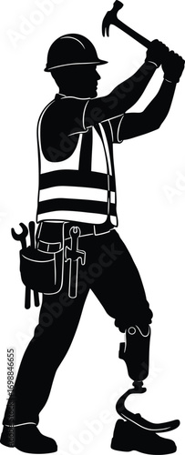 Silhouette of construction worker with prosthetic leg wearing safety vest and hard hat, holding hammer, tools, disability inclusion, industrial labor concept