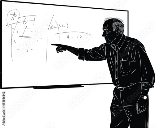 Silhouette of elderly male teacher pointing at whiteboard, explaining complex mathematical equations, representing education, knowledge sharing, and academic instruction.