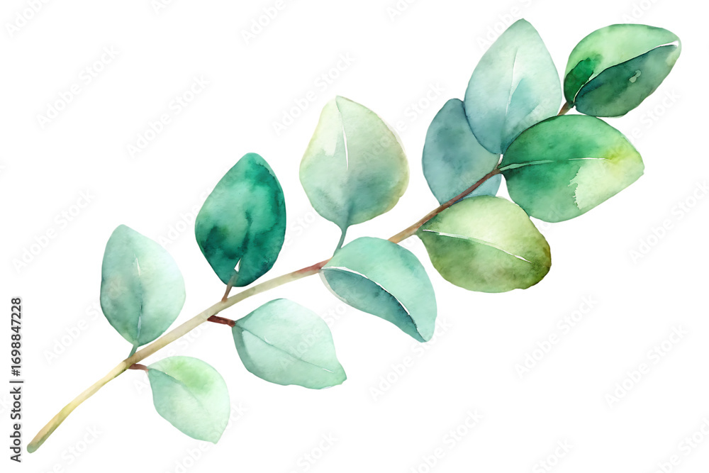 Obraz premium Watercolor eucalyptus branch isolated on transparent background, featuring soft, muted green leaves and a delicate stem, ideal for serene and calming designs