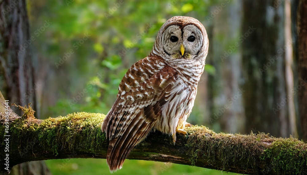 Fototapeta premium isolated barred owl resting on a tree branch in the swamp