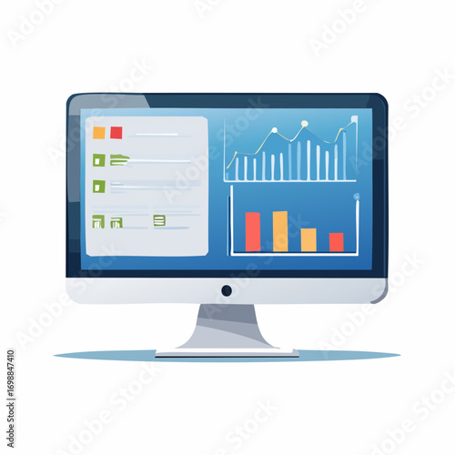 Illustration of a modern computer monitor displaying data charts and business analytics