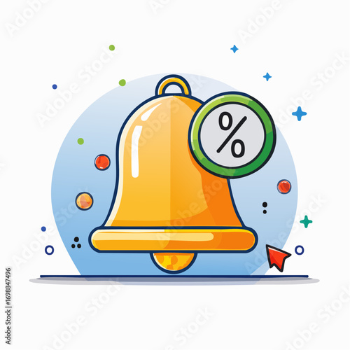 Illustrative depiction of a golden bell icon with a percentage symbol, denoting discounts