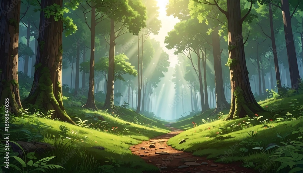Obraz premium Sunlight streams through a lush forest path (2)