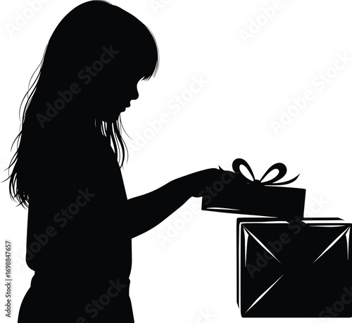 Silhouette of girl opening wrapped gift box with ribbon, representing surprise, celebration, birthday, holiday, or festive joyful moment.