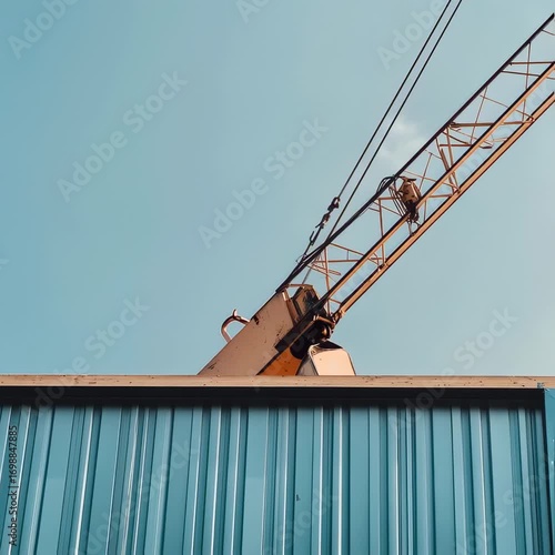 Construction Crane Reaching for the Sky with Blue Metal Panel in the Foreground