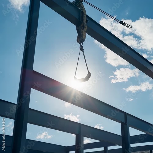Construction crane lifting metal beams against a bright sun and a cloudy sky