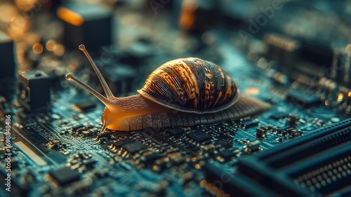 Snail Navigating Technological Circuitry Demonstrating Slow Progress And Efficiency