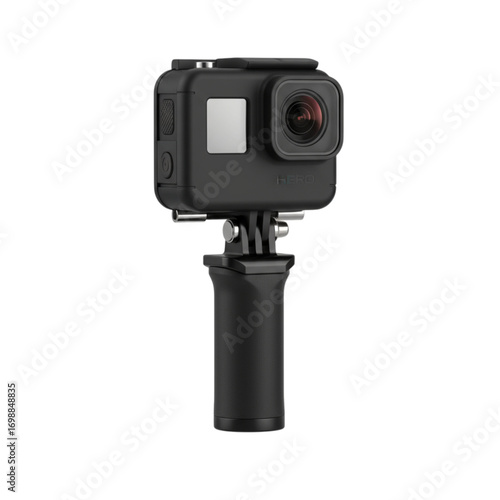 Black action camera with handle isolated on transparent background