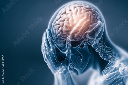 X-ray view of human headache illustrating brain and skull with pain highlighted