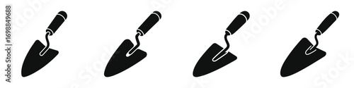 Masonry Trowel Vector Icons – Black Silhouette Illustrations of Construction Hand Tools for Bricklaying, Plastering, Cement Work, and Industrial Building Projects