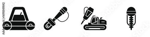 Demolition Equipment Vector Icons – Black Silhouette Illustrations of Industrial Jackhammers, Hydraulic Breakers, and Construction Machines for Roadwork, Excavation, and Heavy-Duty Tasks