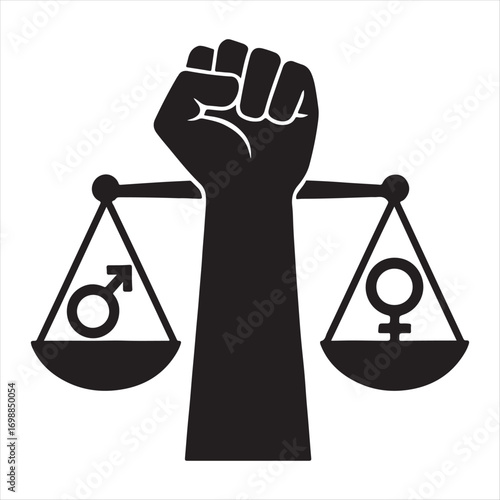 Symbolic representation of the fight for gender equality, showing a protest fist and balanced scales of justice for men and women