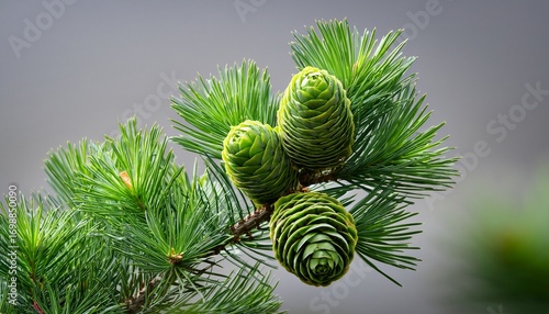 a little twig with a green cone of cedrus atlantica known atlantic cedar or blue atlas cedar tree