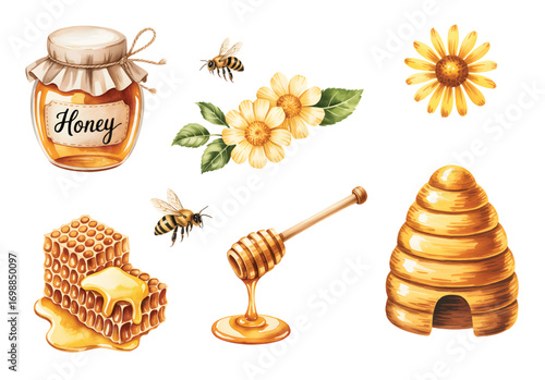 Watercolor illustration of honeycomb with bees and dipper. Natural honey collection with bees, combs, and glass jars.