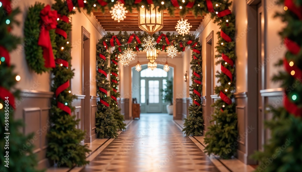 Fototapeta premium Festive Holiday decorations adorn long hallway in a home during winter season. Holiday decorations sparkle and create festive atmosphere with evergreens and garlands.
