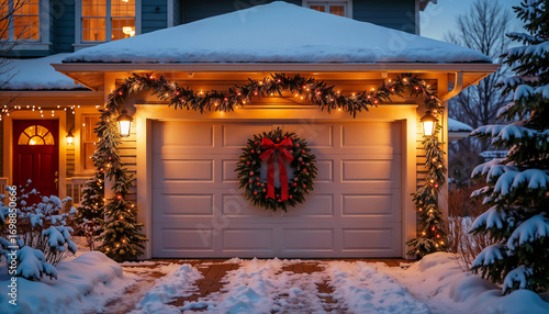 Holiday decorations adorn garage door and snowy driveway at twilight. Holiday decorations include a festive wreath, garland, and lights illuminating home for winter.